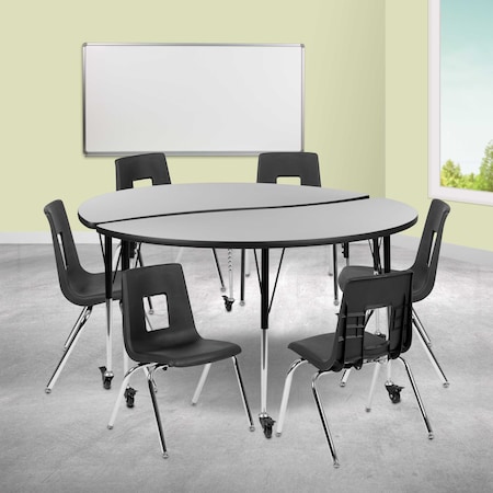 Flash Furniture Mobile 60" Circle Wave Grey Table Set-16" Chairs XU-GRP-16CH-A60-HCIRC-GY-T-A-CAS-GG